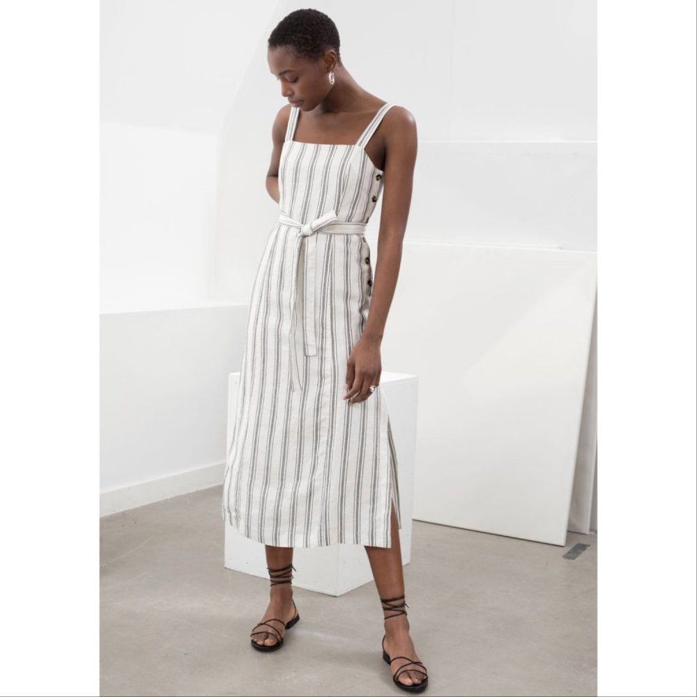 & Other Stories White and Black Striped Linen Sleeveless Midi Dress Size6